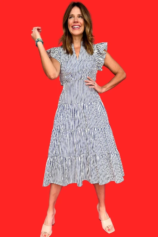 Blue Striped V Neck ruffle Sleeve Tiered Midi Dress