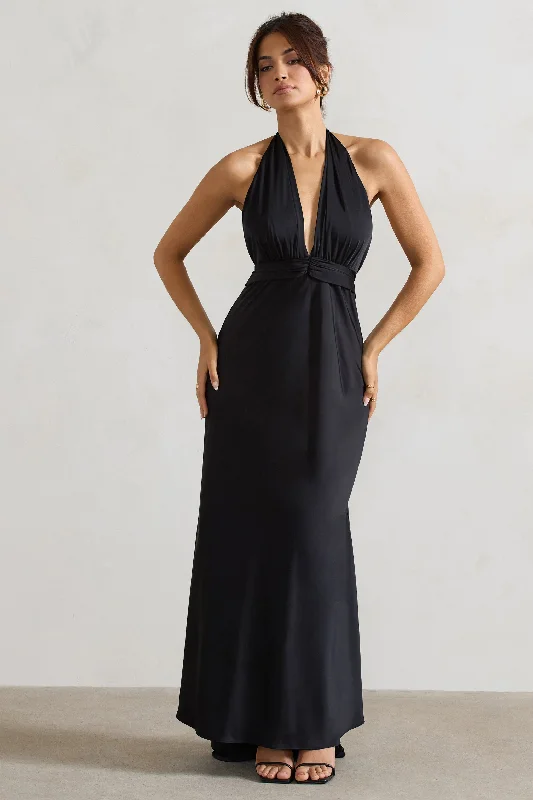 Carolyn | Black Satin Plunge Maxi Dress With Dipped Hem