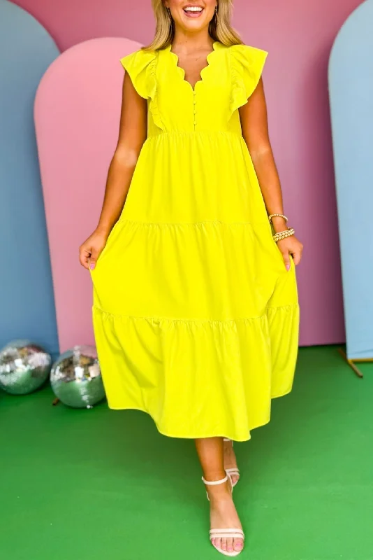 Chartreuse V Scallop Neck Ruffle Short Sleeve Tiered Midi Dress