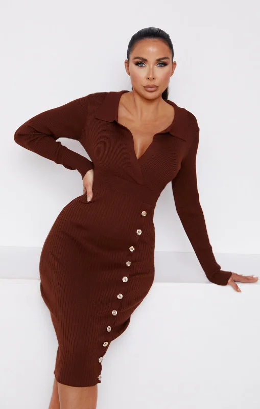 Chocolate Ribbed Plunge Long Sleeve Button Detail Collared Midi Jumper Dress- Roselyn