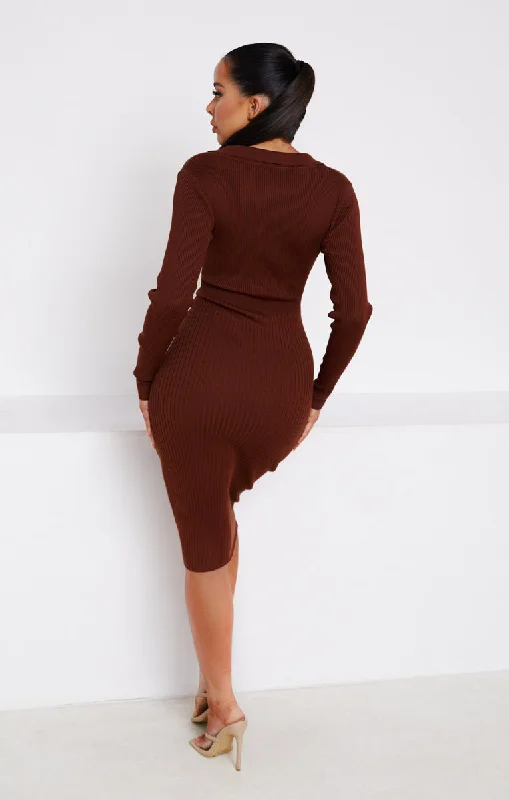 Chocolate Ribbed Plunge Long Sleeve Button Detail Collared Midi Jumper Dress- Roselyn