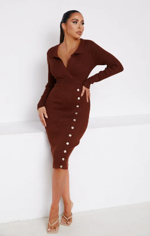 Chocolate Ribbed Plunge Long Sleeve Button Detail Collared Midi Jumper Dress- Roselyn