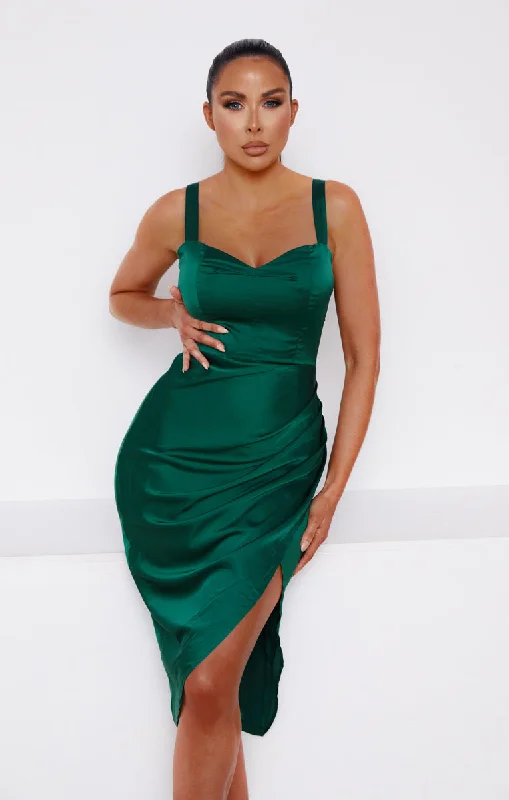 Emerald Satin Sweetheart Asymmetric Wrap Split Strappy Bodycon Midi Dress - Kaia