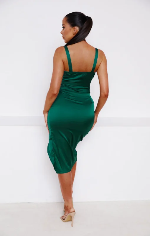 Emerald Satin Sweetheart Asymmetric Wrap Split Strappy Bodycon Midi Dress - Kaia