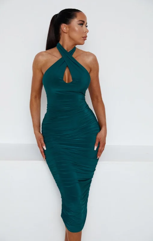 Emerald Slinky Halter Neck Cut Out Bodycon Midi Dress - Darcie