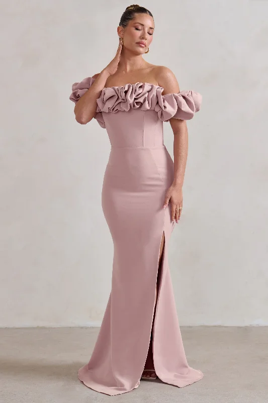 Esmeralda | Blush Pink Structured Statement Bardot Maxi Dress