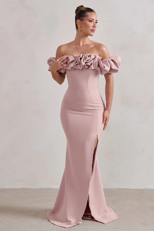 Esmeralda | Blush Pink Structured Statement Bardot Maxi Dress