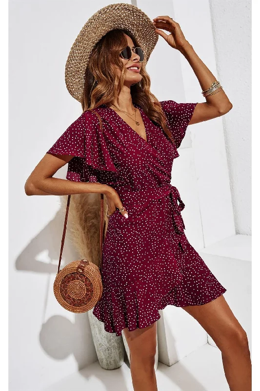 FS Collection Dot Print Wrap Top Dress In Wine