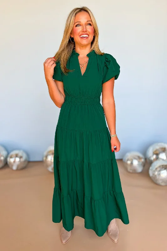 Hunter Green Split Neck Puff Short Sleeve Tiered Midi Dress