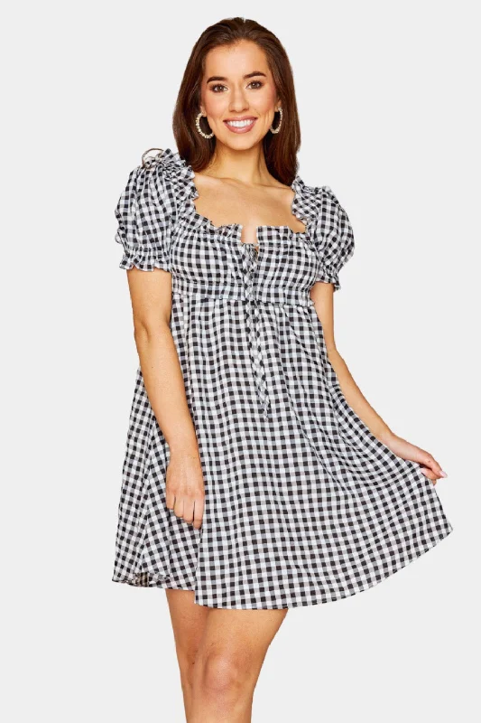 Jac Puff Sleeve Short Dress - Black Plaid