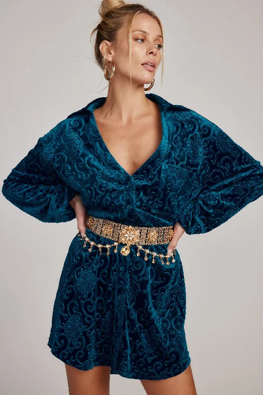 Kali Blue Long Sleeve Velvet Dress