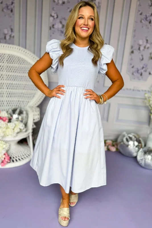 Light Blue Dropped Waist Ruffle Shoulder Midi Dress