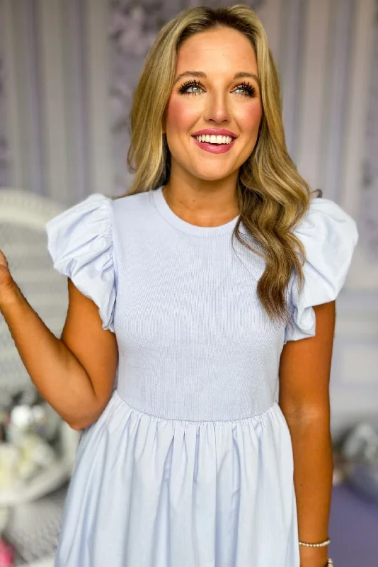 Light Blue Dropped Waist Ruffle Shoulder Midi Dress