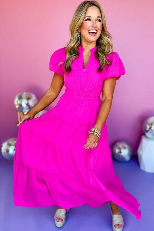 Magenta Split Neck Puff Short Sleeve Tiered Midi Dress