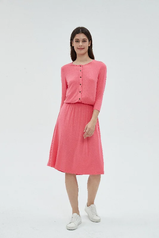 MM SMOCKED WAIST EVERYTHING DRESS 3/4 SLEEVES -  CORAL