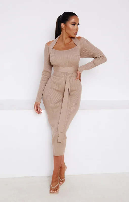 Mocha Knitted Long Sleeve Cut Out Belted Bodycon Midi Jumper Dress- Alice