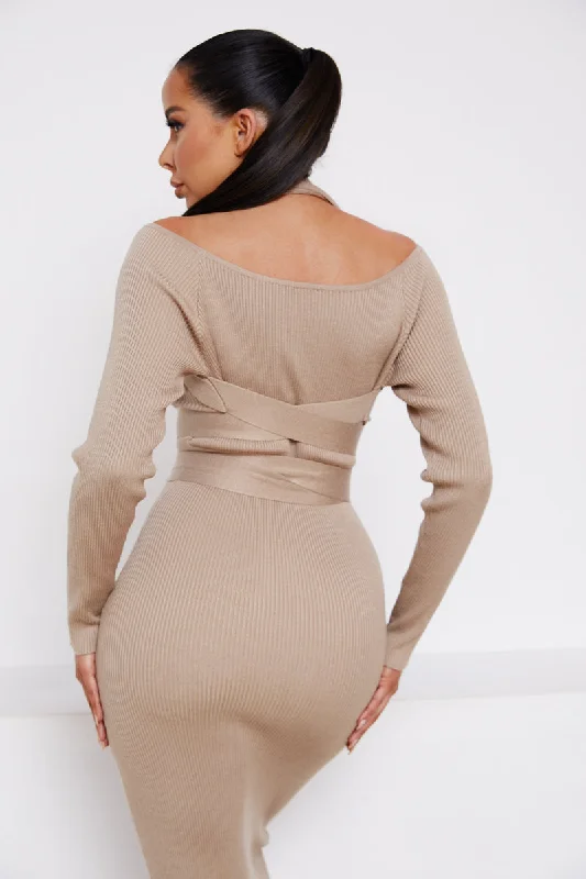 Mocha Knitted Long Sleeve Cut Out Belted Bodycon Midi Jumper Dress- Alice