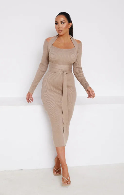 Mocha Knitted Long Sleeve Cut Out Belted Bodycon Midi Jumper Dress- Alice