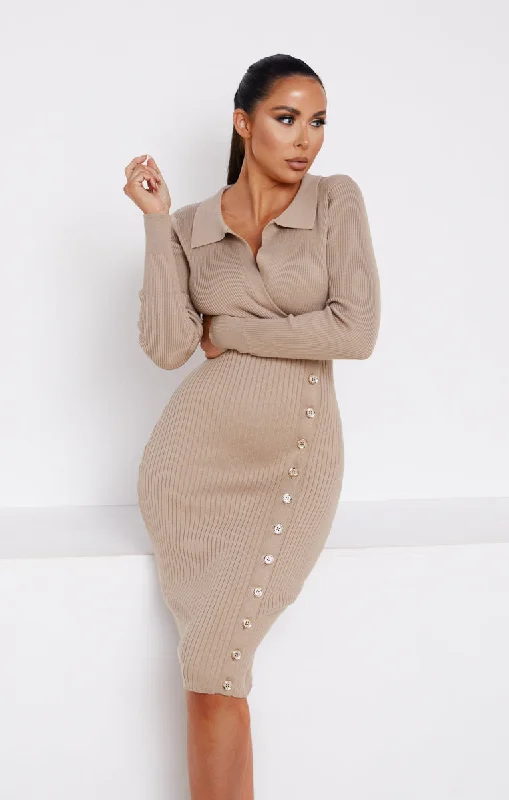 Mocha Ribbed Plunge Long Sleeve Button Detail Collared Midi Jumper Dress- Roselyn