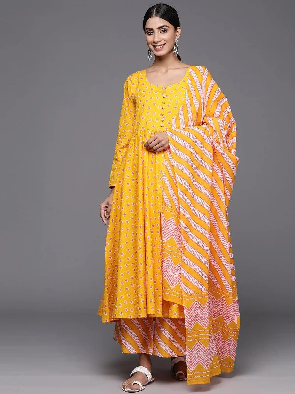 Mustard Printed Cotton A-Line Kurta With Palazzos & Dupatta