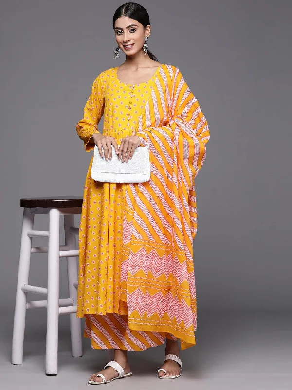 Mustard Printed Cotton A-Line Kurta With Palazzos & Dupatta