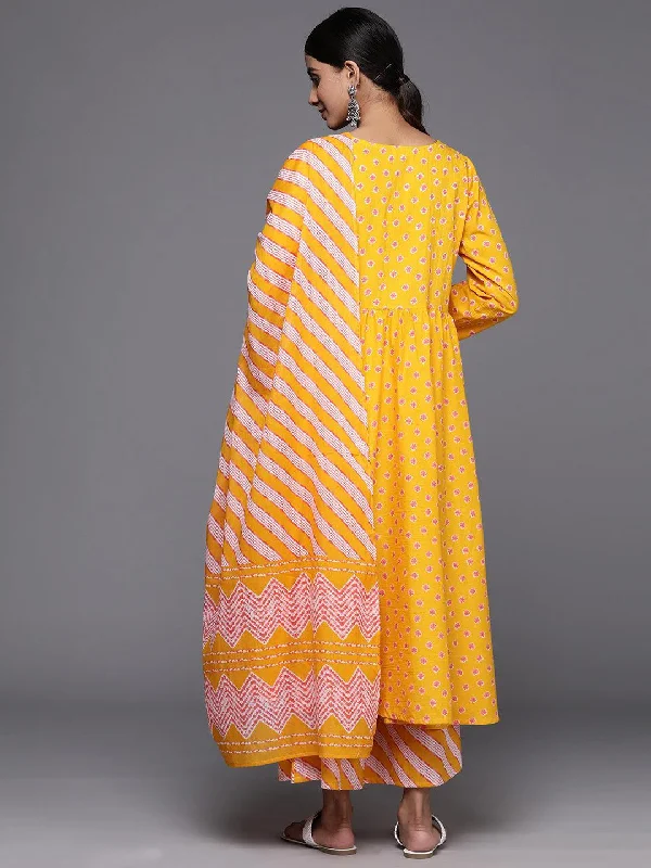 Mustard Printed Cotton A-Line Kurta With Palazzos & Dupatta