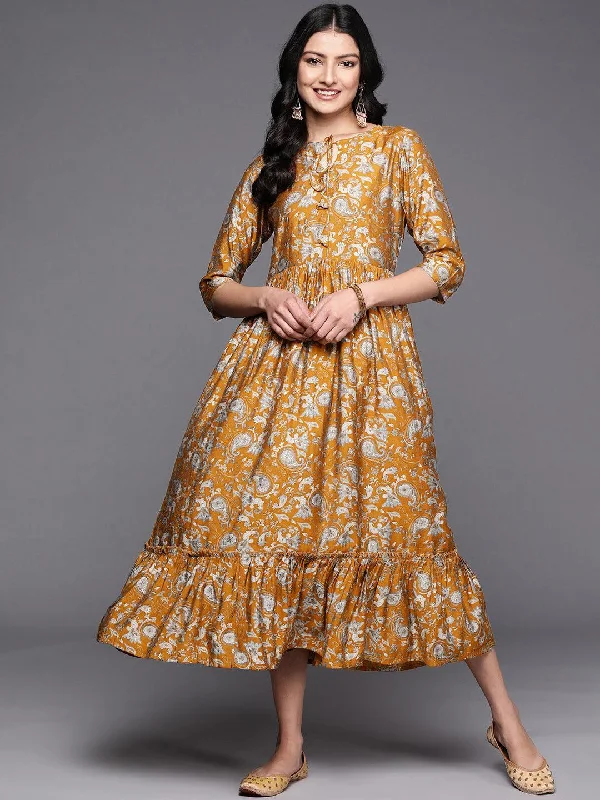 Mustard Printed Silk Fit and Flare Dress