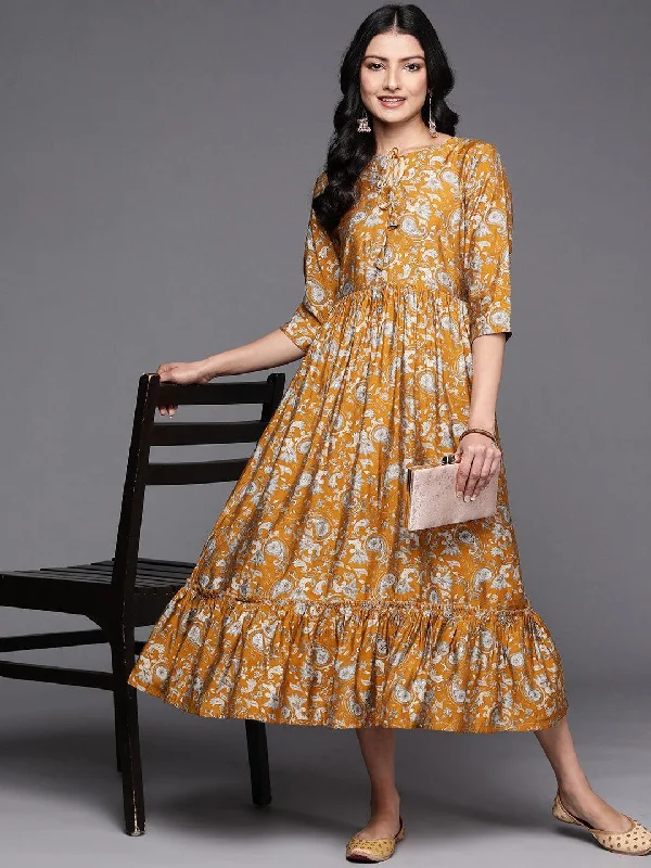 Mustard Printed Silk Fit and Flare Dress