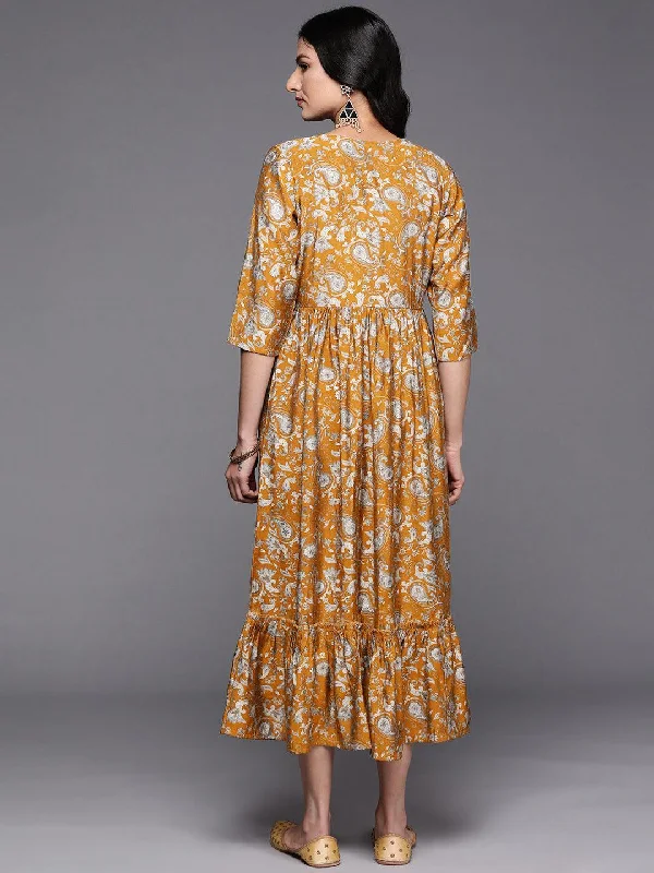 Mustard Printed Silk Fit and Flare Dress