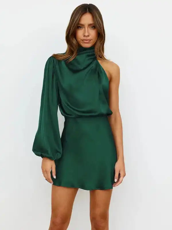 Long-sleeved one-shoulder off-shoulder waist dress