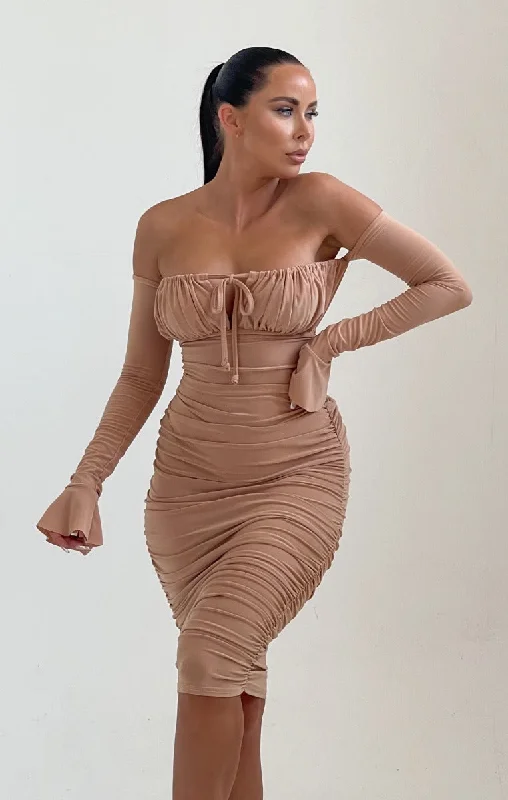 Nude Flared Long Sleeve Bodycon Midi Dress - Valentina