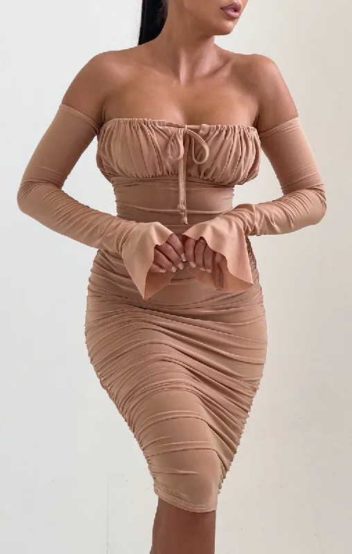 Nude Flared Long Sleeve Bodycon Midi Dress - Valentina