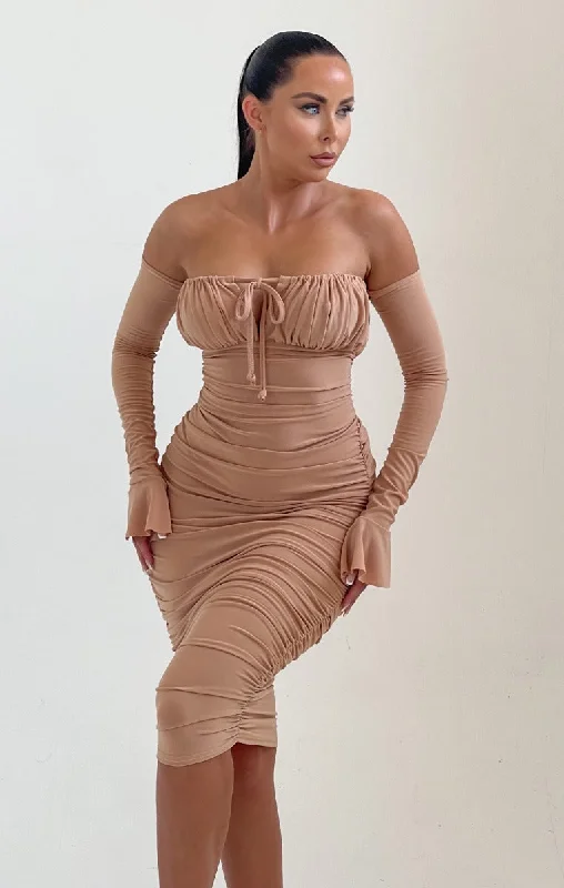 Nude Flared Long Sleeve Bodycon Midi Dress - Valentina