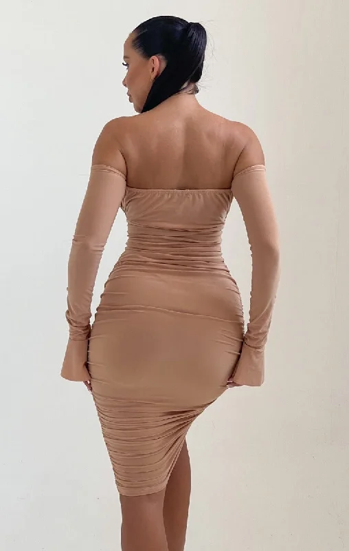 Nude Flared Long Sleeve Bodycon Midi Dress - Valentina