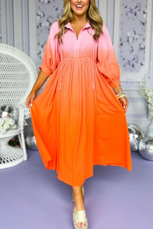 Orange Ombre Tie Neck Elastic Waist Midi Dress