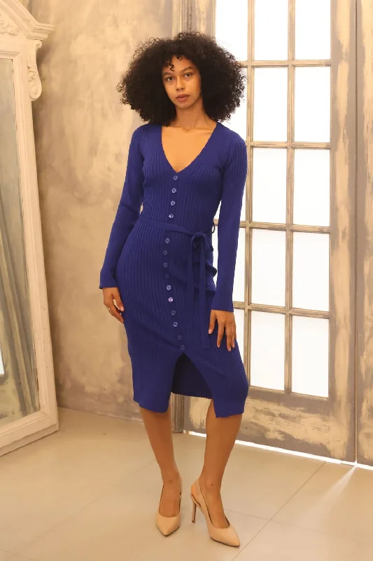 Petite Button Down Knit Dress (Royal Blue)