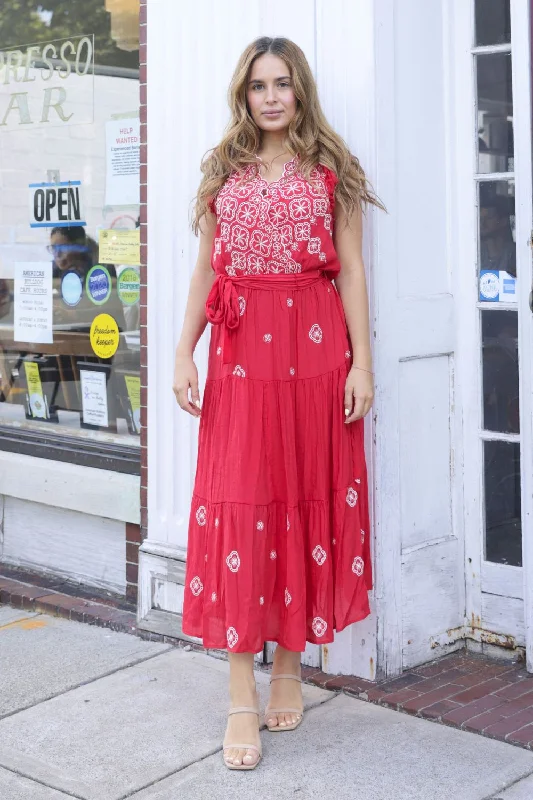 Petite Embroidered Peasant Dress (Red)