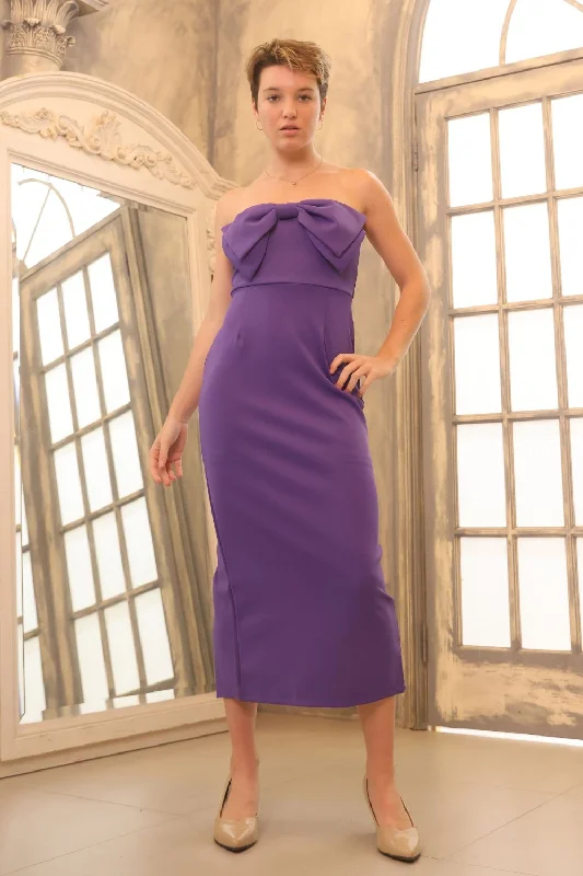 Petite Front Bow Tube Midi Dress (Purple)