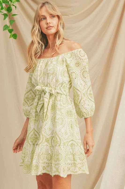 Petite Off-the-shoulder Cotton Eyelet Dress (Green Multi)