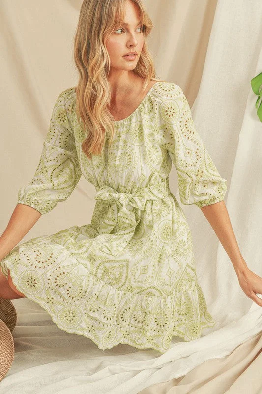 Petite Off-the-shoulder Cotton Eyelet Dress (Green Multi)