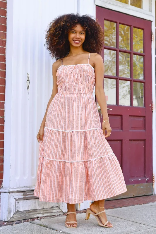 Petite Striped Tiered Midi Dress (Orange)