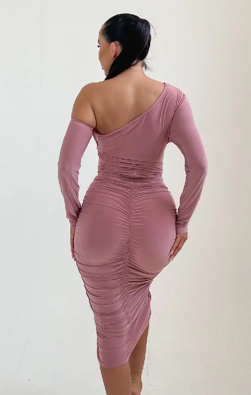 Pink Cold Shoulder Bodycon Ruched Midi Dress - Georgie