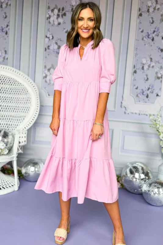 Pink Split Neck Three Quarter Sleeve Tiered Midi Dress