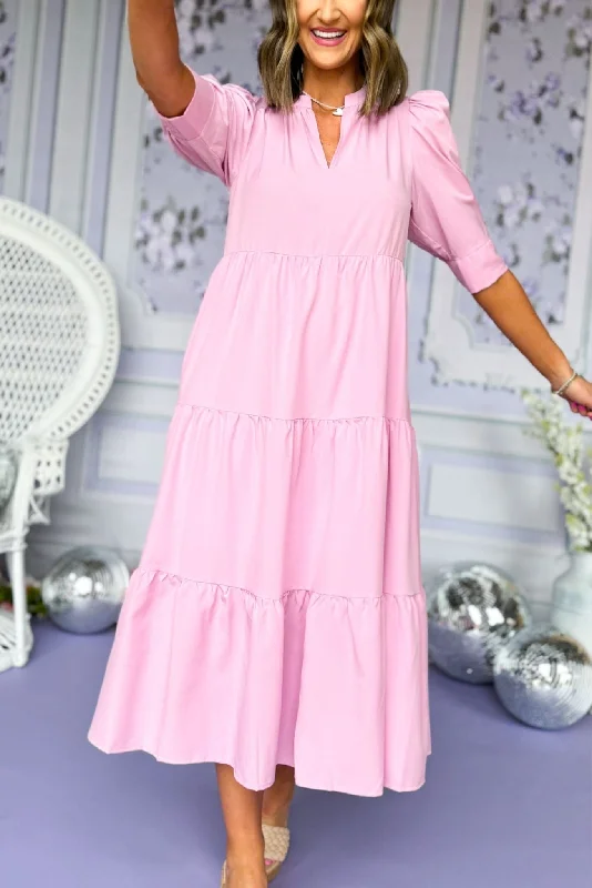 Pink Split Neck Three Quarter Sleeve Tiered Midi Dress