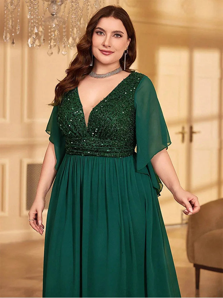 Plus Size Chiffon V-Neck Sequined Short Sleeve Evening Dress