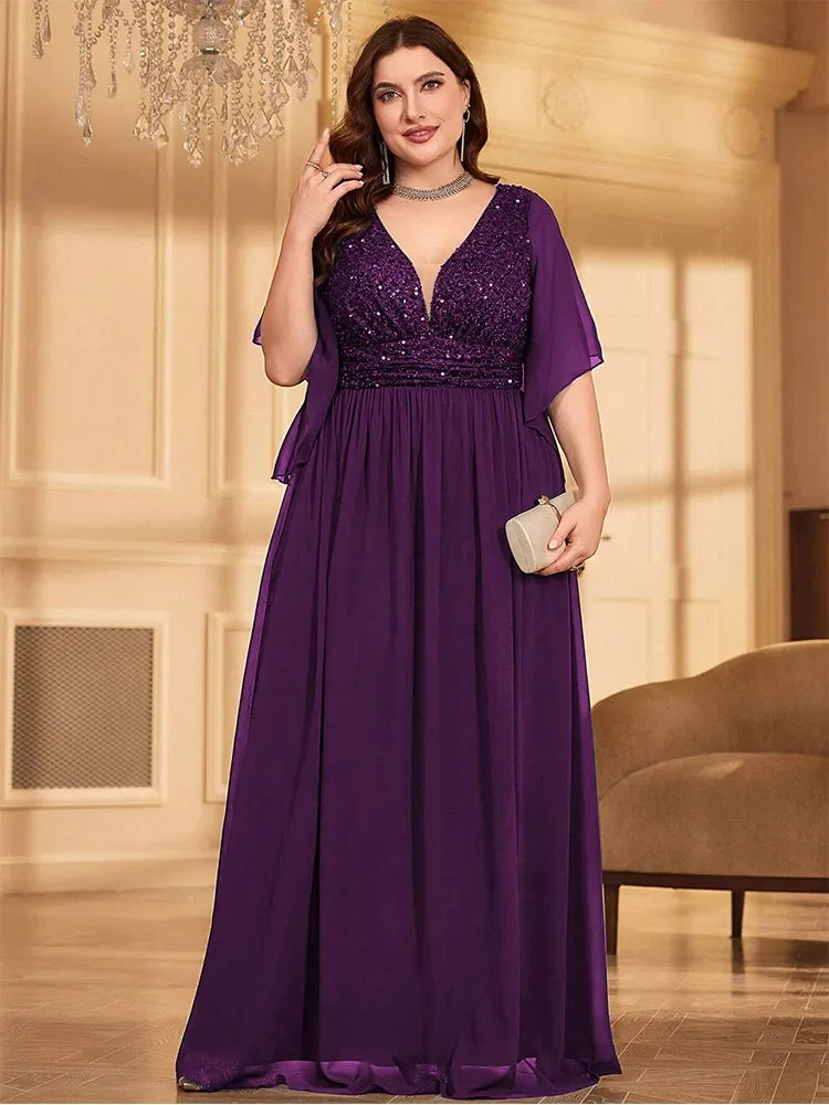 Plus Size Chiffon V-Neck Sequined Short Sleeve Evening Dress