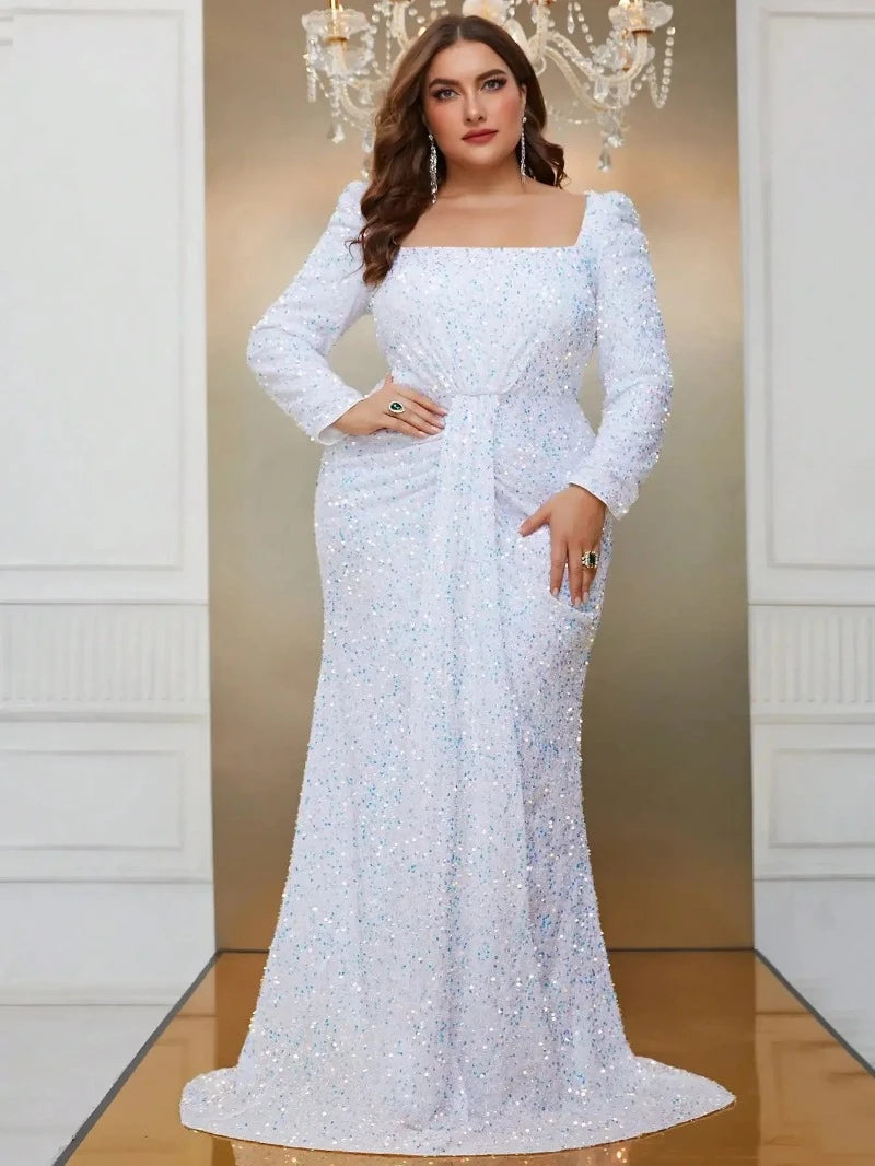 Plus Size Square Neck Long Sleeve White Sequin Evening Dress