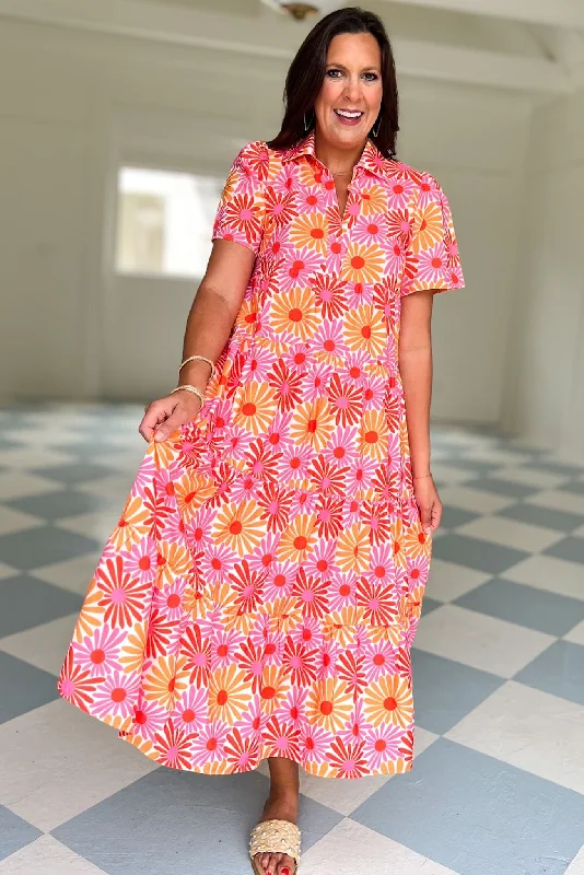 SSYS The Short Sleeve Emery Midi Dress In Pink Orange Daisy