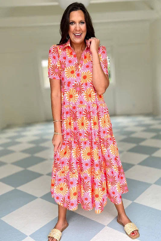 SSYS The Short Sleeve Emery Midi Dress In Pink Orange Daisy