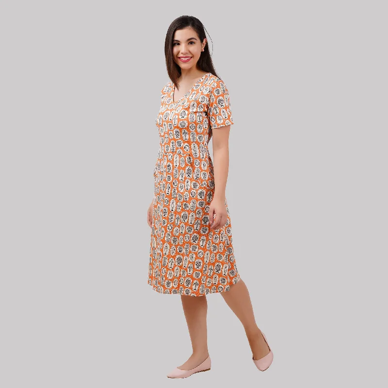 Terracotta Fish Plates A-Line Dress (With Waist Seam) [FINAL SALE]